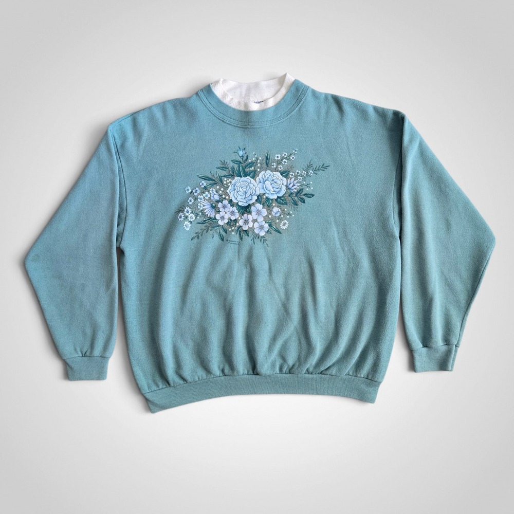Morning Sun Vintage Floral Sweatshirt Teal Blue Double Collar Large USA